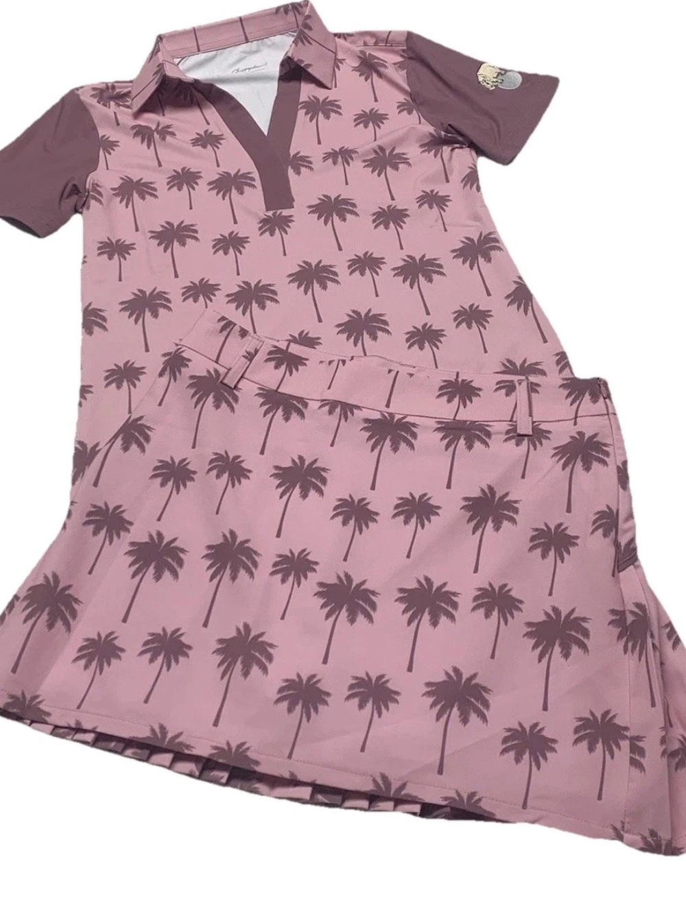 CHIPOPOTAMUS Polo& Skort- Pink Palm Tree print- silky stretch knit-XS/S- NEW?